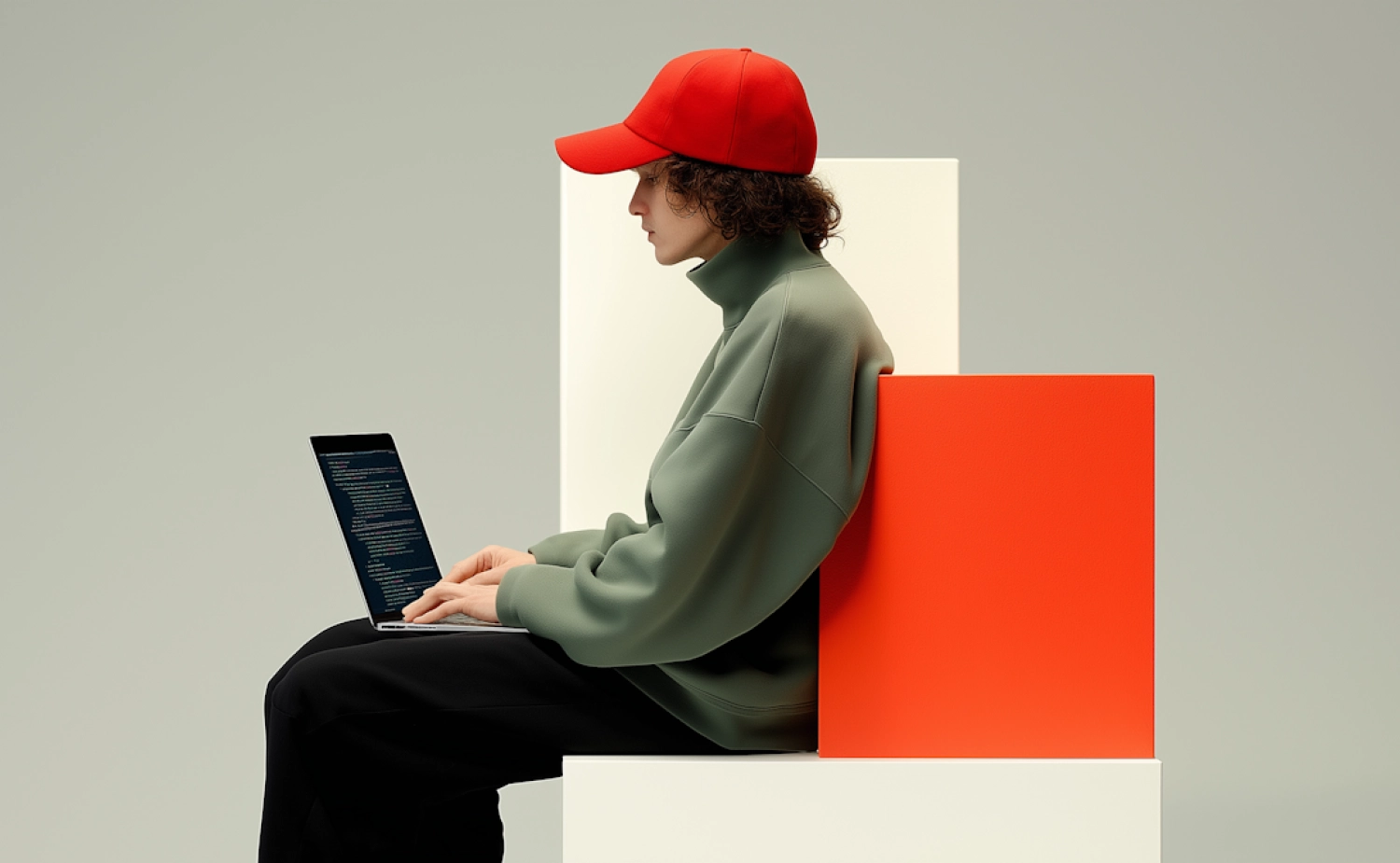 Illustration of a person sitting with laptop, red geometric background representing secure browsing