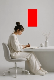Illustration of a person standing at a desk, red accent element