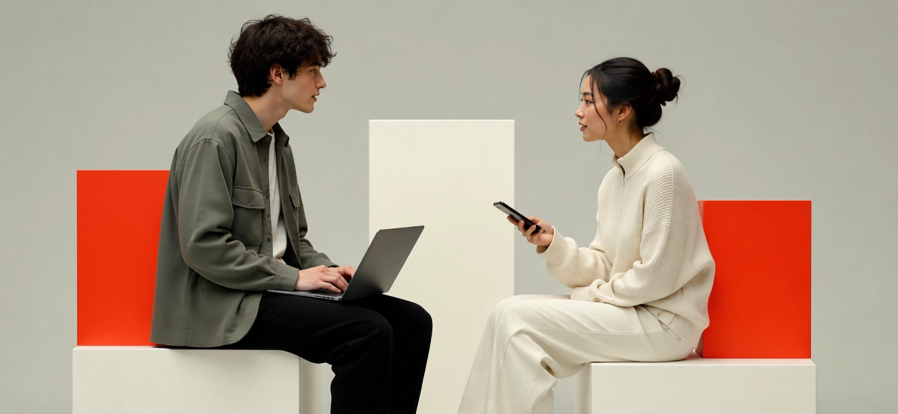 Two people in a meeting, red accent background