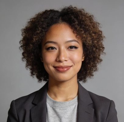 Professional headshot of a woman with curly hair